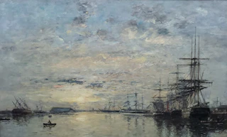 A beautiful sunset over a tranquil harbor, where majestic sailing ships and charming small boats reflect on calm, serene waters.