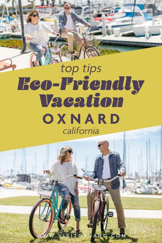 Two people enjoy a scenic bike ride along a picturesque marina under sunny skies in beautiful Oxnard, California.