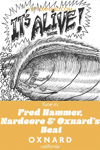 Black and white comic-style surfer rides a huge wave, highlighting vibrant Oxnard surf culture and promoting a local radio segment.