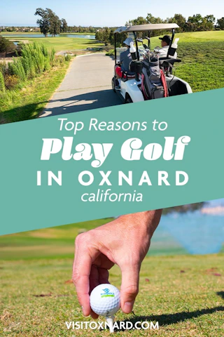 A golf cart on a sunny path and a hand setting a golf ball, inviting visitors to enjoy golfing in beautiful Oxnard, California.