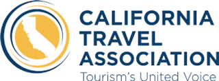 California Travel Association logo featuring a bright yellow state outline and the uplifting text "Tourism’s United Voice.