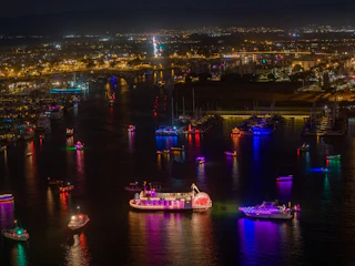 Vibrant boats adorned with sparkling lights drift on a scenic harbor at night, framed by the radiant city skyline.