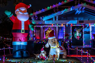 A charming house shines at night with a festive inflatable Santa, cheerful dogs in Santa hats, twinkling lights, and a bright reindeer.
