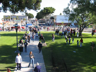 Visitors stroll and enjoy a vibrant sunny park with lush green grass, leafy trees, and charming white buildings nearby.