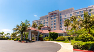 Inviting hotel with lush palm trees and a charming red-roofed entrance beneath a sunny sky, featuring the Hilton Garden Inn sign.